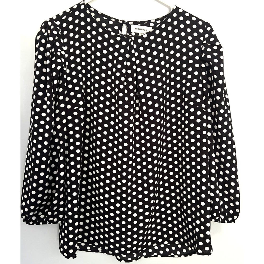 Monteau Blouse Women XL Blk/White Polka Dot Puff Sleeve 3/4 Top Keyhole‎ Stretch